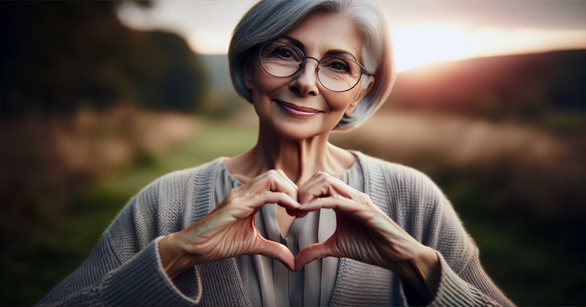 February Is Nations Heart Health Month. Senior Lady Making A Heart Shape With Her Hands.